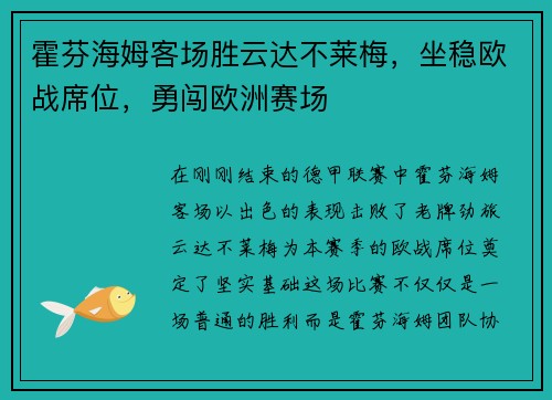 霍芬海姆客场胜云达不莱梅，坐稳欧战席位，勇闯欧洲赛场