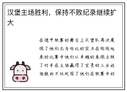 汉堡主场胜利，保持不败纪录继续扩大