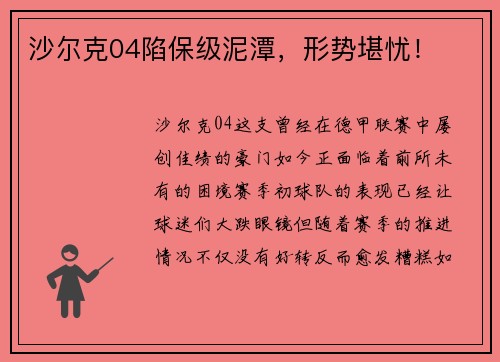 沙尔克04陷保级泥潭，形势堪忧！