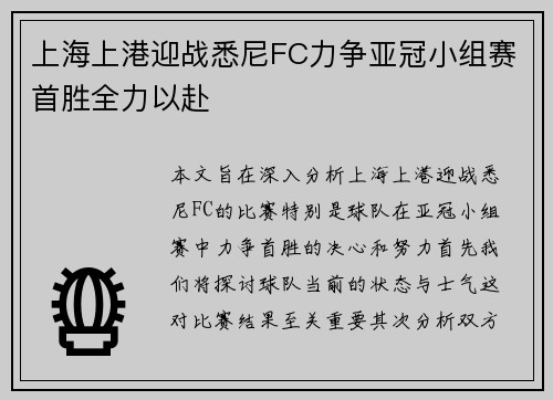 上海上港迎战悉尼FC力争亚冠小组赛首胜全力以赴